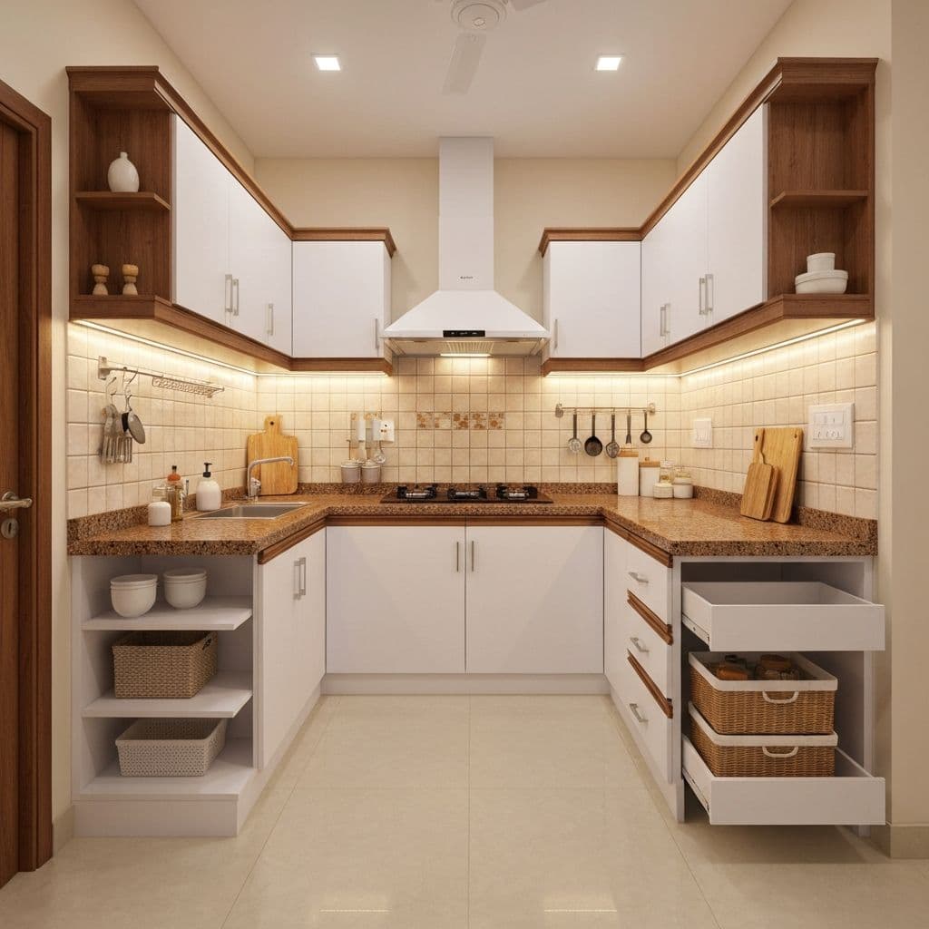 Compact modular kitchen with L-shaped layout and smart storage