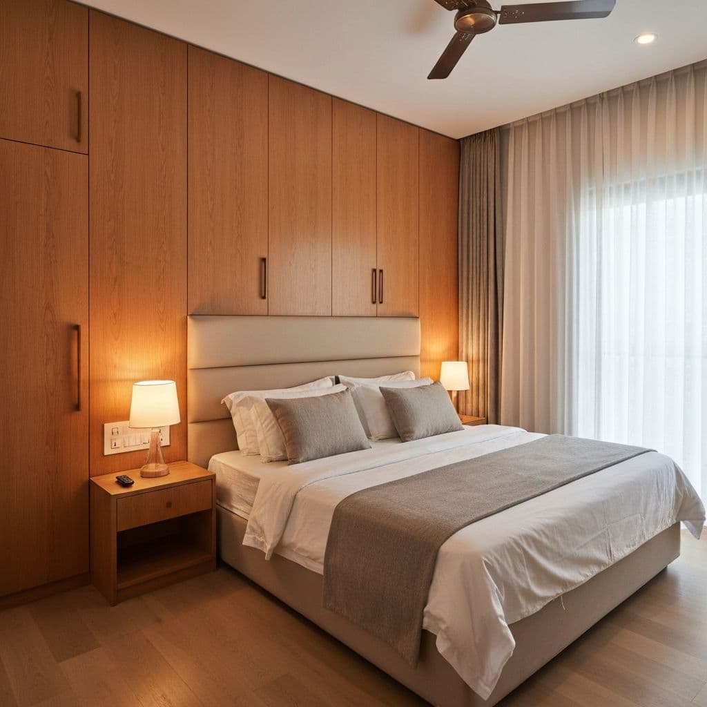 Master bedroom with padded headboard and warm wood wardrobe
