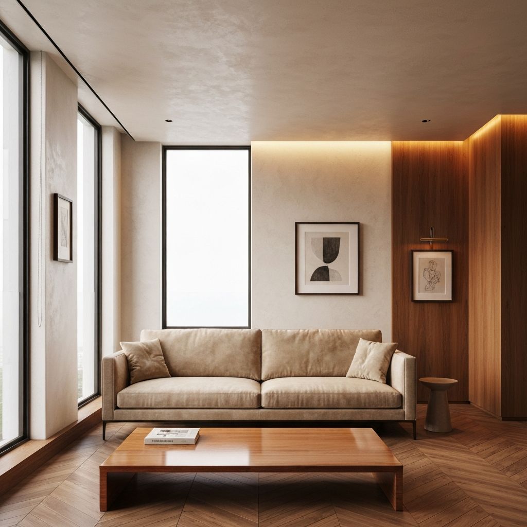 Luxurious modern living room designed by Eureka Interiors in Pune, featuring warm neutral tones and elegant furnishings
