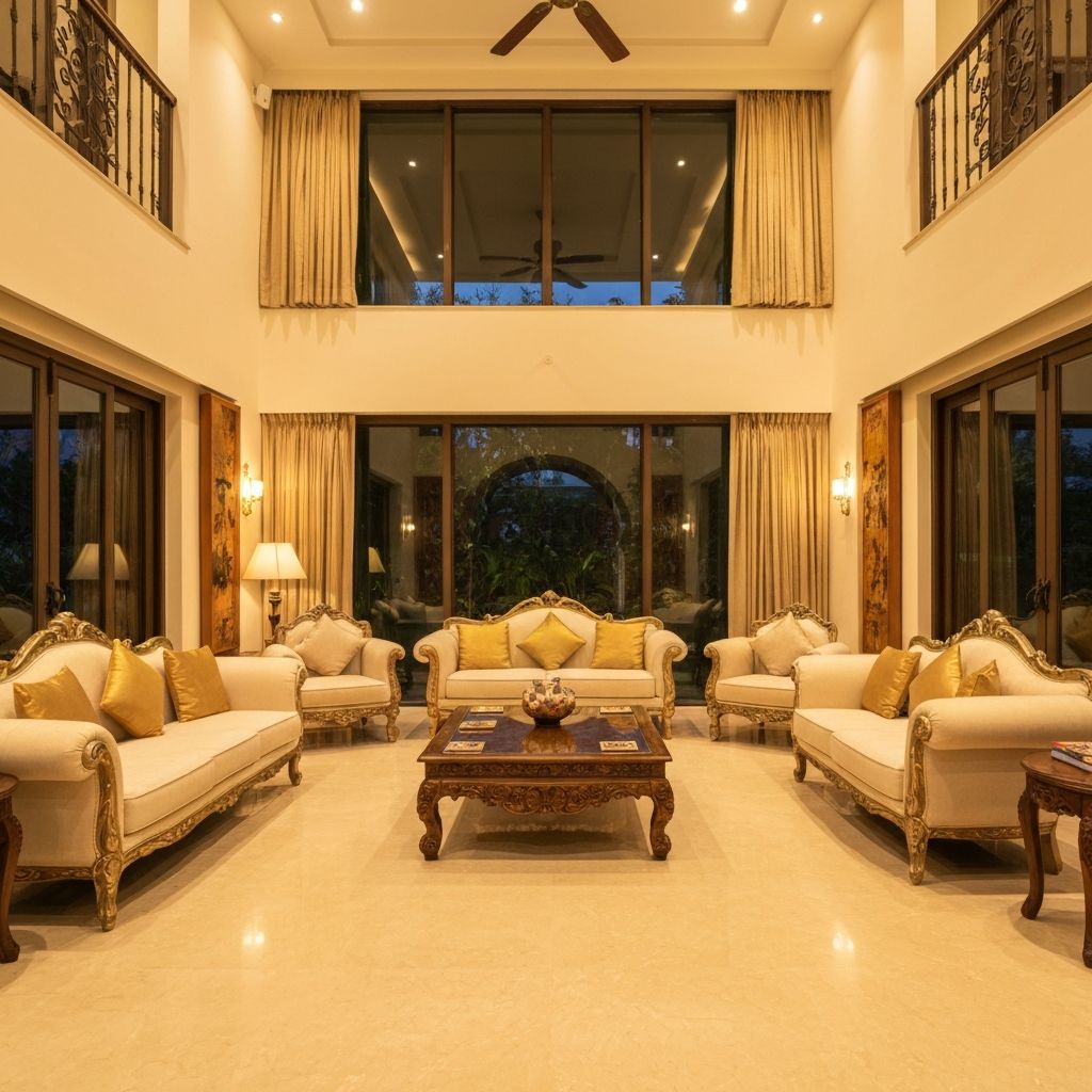 Spacious villa living room with double-height ceiling and premium finishes