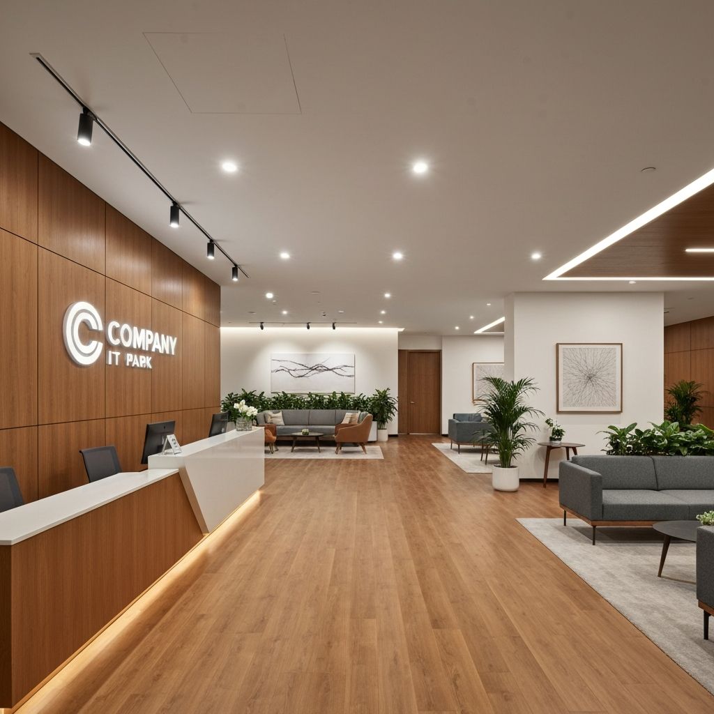 Sleek corporate reception area with warm wood paneling