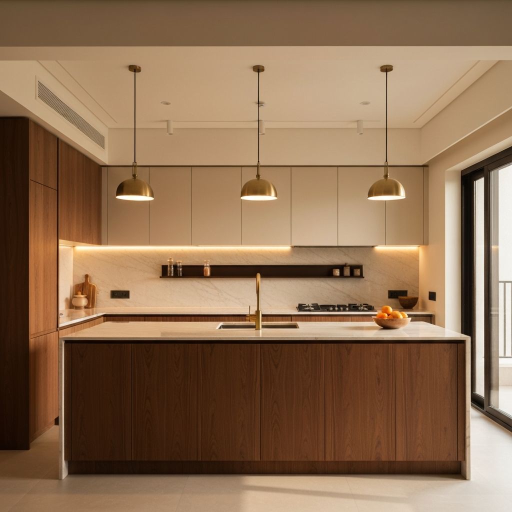Modern modular kitchen with walnut cabinets and marble countertop