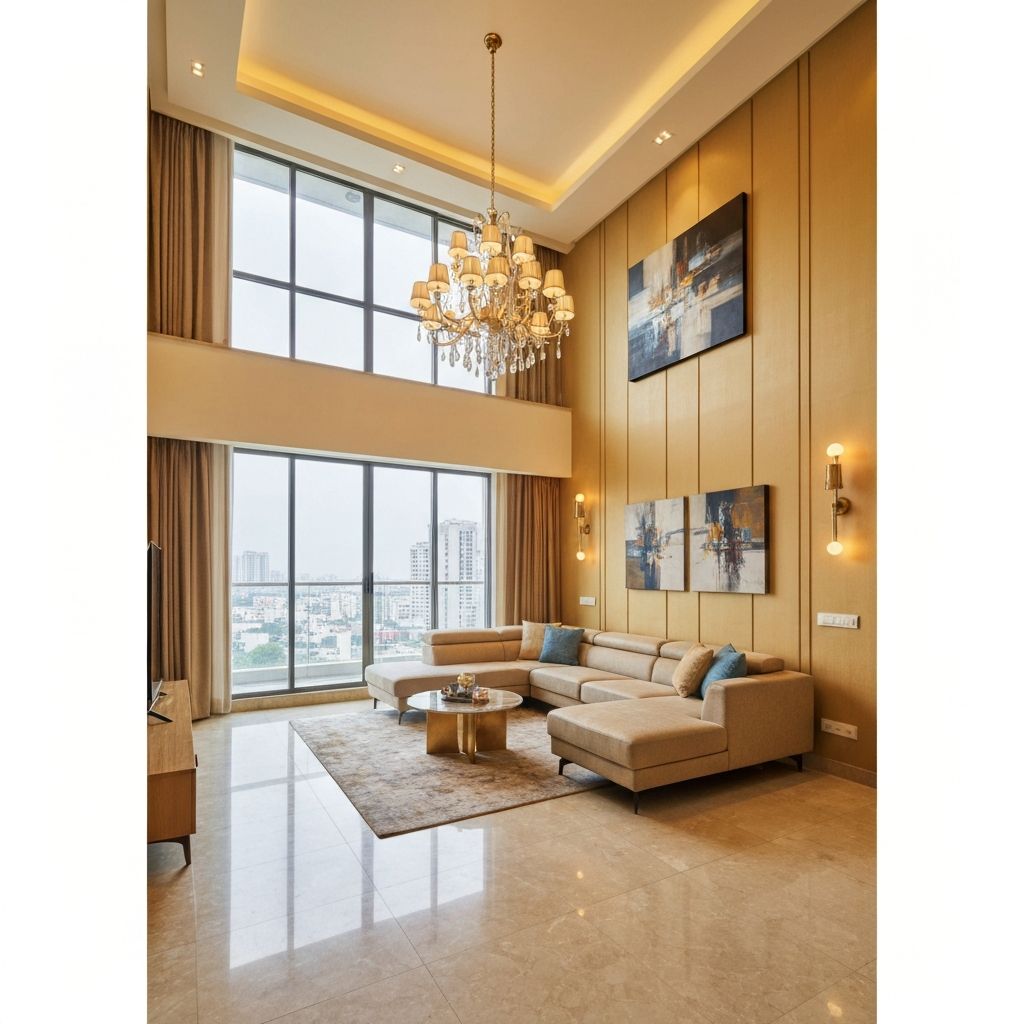 Luxury living room with double-height ceiling and premium furniture
